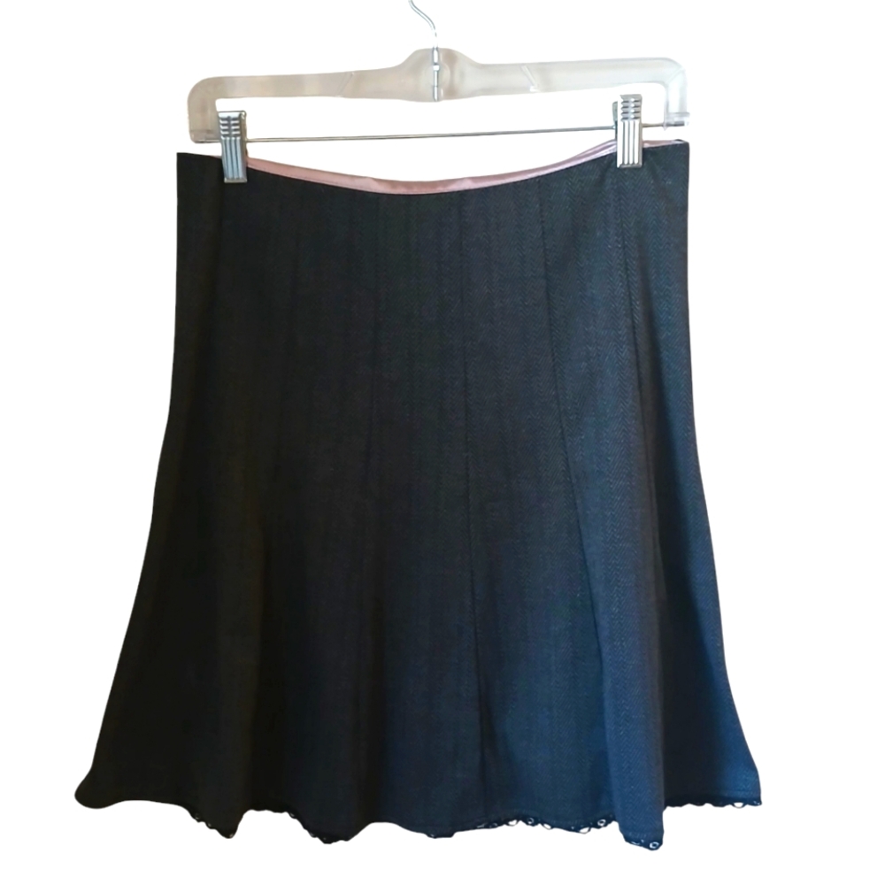 Stooshy Gray Herringbone Trumpet  Skirt With Black Lace Trim Size S